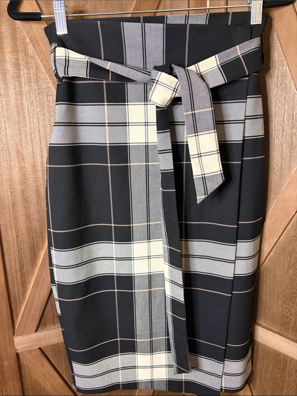 H&M Black & Grey Plaid Belted Midi Pencil Skirt SIZE 8 (EUR 40)